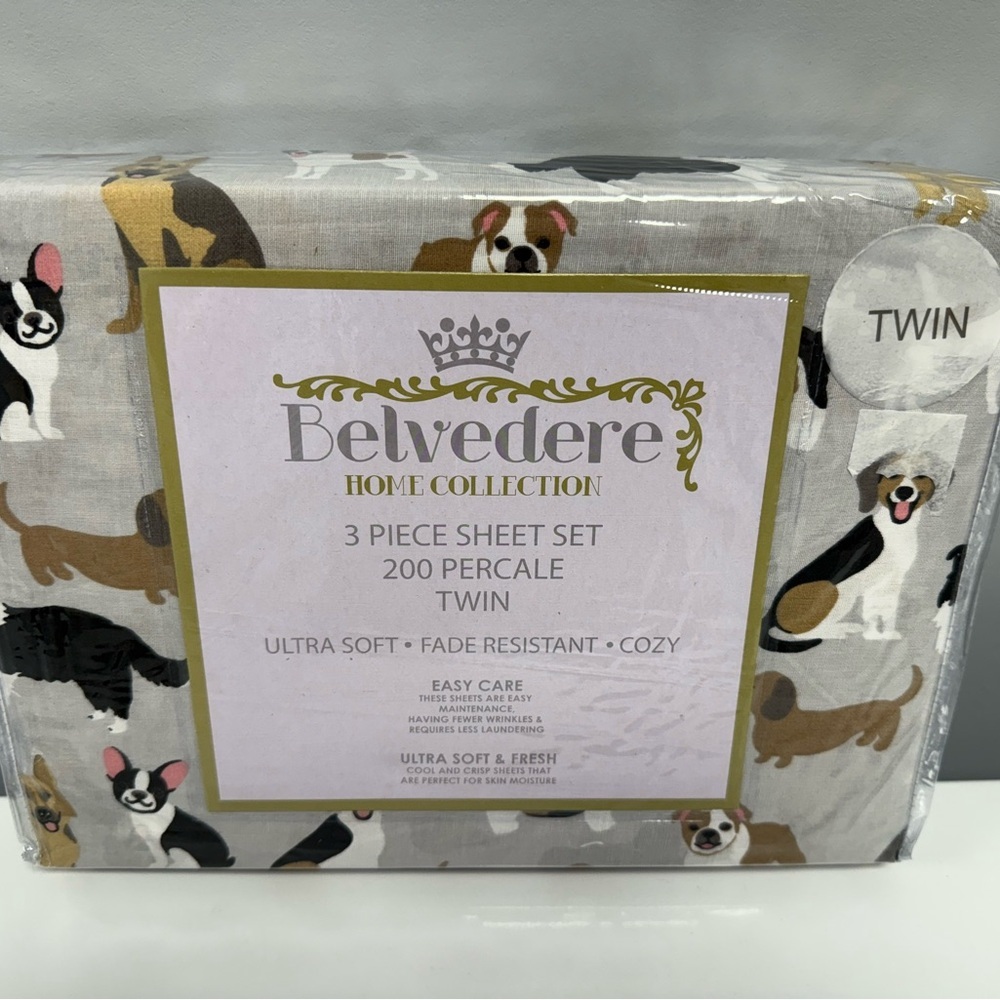Dog Print 3pc Sheet Set Twin Belvedere Gray Dogs Bulldog Collie Dachshund Yorkie